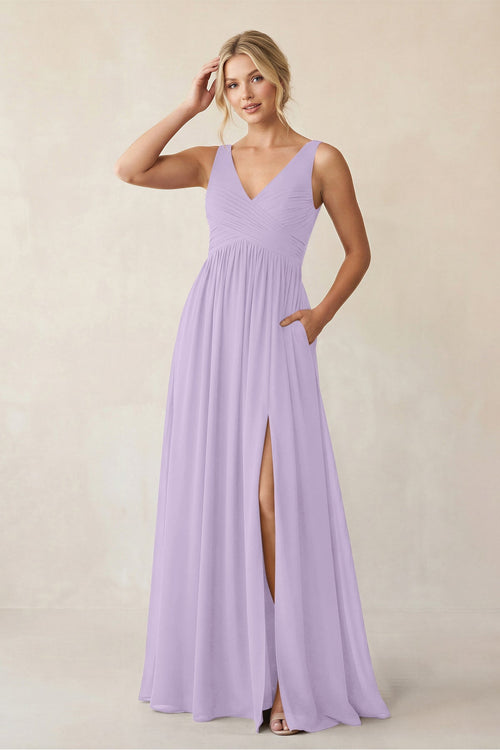 A - Line V - Neck Pleated Chiffon Bridesmaid Dress in Lavender - KissProm Bridesmaid Dresses