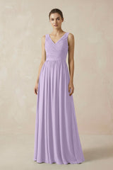 A-Line V-Neck Pleated Chiffon Bridesmaid Dress in Lavender - KissProm BRIDESMAID DRESSES
