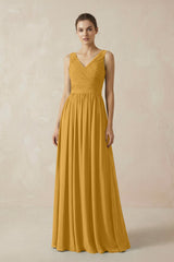 A-Line V-Neck Pleated Chiffon Bridesmaid Dress in Marigold - KissProm BRIDESMAID DRESSES