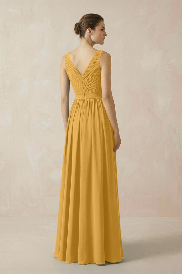 A-Line V-Neck Pleated Chiffon Bridesmaid Dress in Marigold - KissProm BRIDESMAID DRESSES