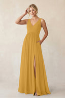 A - Line V - Neck Pleated Chiffon Bridesmaid Dress in Marigold - KissProm Bridesmaid Dresses