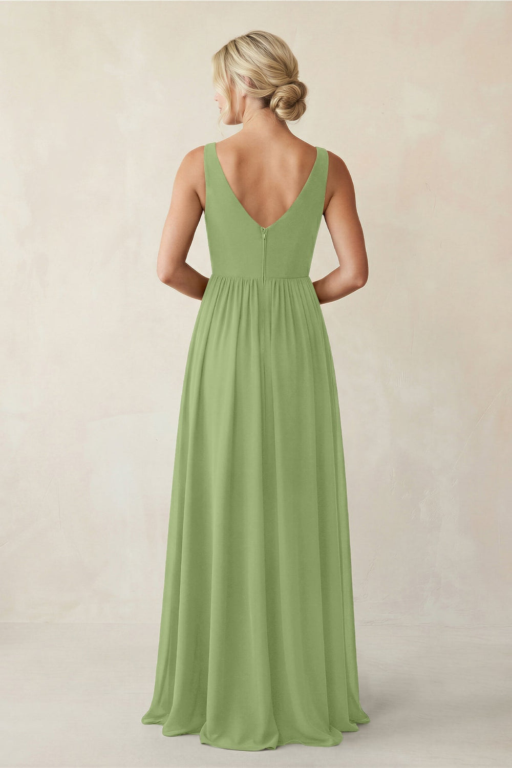 A - Line V - Neck Pleated Chiffon Bridesmaid Dress in Matcha - KissProm Bridesmaid Dresses