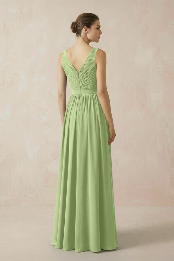 A-Line V-Neck Pleated Chiffon Bridesmaid Dress in Matcha - KissProm BRIDESMAID DRESSES