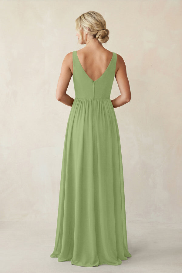 A - Line V - Neck Pleated Chiffon Bridesmaid Dress in Matcha - KissProm Bridesmaid Dresses