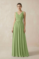 A-Line V-Neck Pleated Chiffon Bridesmaid Dress in Matcha - KissProm BRIDESMAID DRESSES