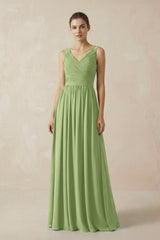 A-Line V-Neck Pleated Chiffon Bridesmaid Dress in Matcha - KissProm BRIDESMAID DRESSES