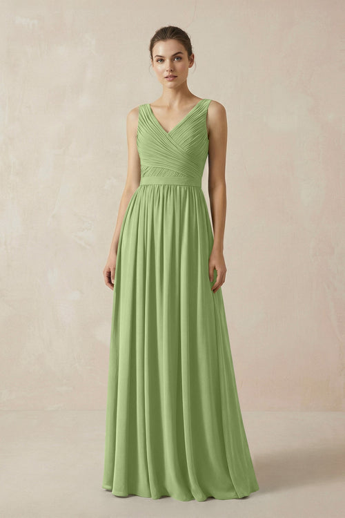 A-Line V-Neck Pleated Chiffon Bridesmaid Dress in Matcha - KissProm BRIDESMAID DRESSES