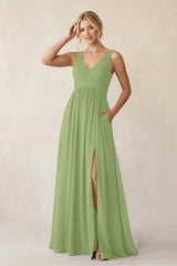 A - Line V - Neck Pleated Chiffon Bridesmaid Dress in Matcha - KissProm Bridesmaid Dresses