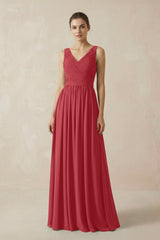A-Line V-Neck Pleated Chiffon Bridesmaid Dress in Merlot - KissProm BRIDESMAID DRESSES