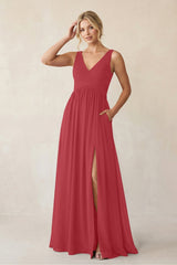 A - Line V - Neck Pleated Chiffon Bridesmaid Dress in Merlot - KissProm Bridesmaid Dresses