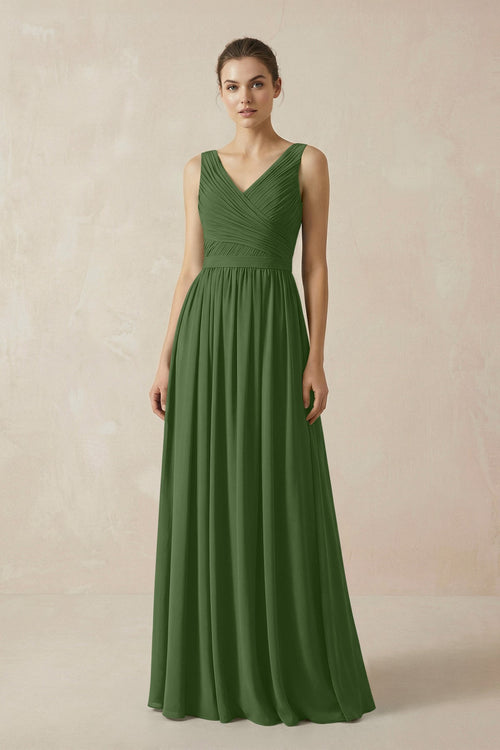 A-Line V-Neck Pleated Chiffon Bridesmaid Dress in Moss - KissProm BRIDESMAID DRESSES