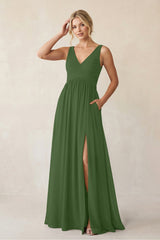 A - Line V - Neck Pleated Chiffon Bridesmaid Dress in Moss - KissProm Bridesmaid Dresses