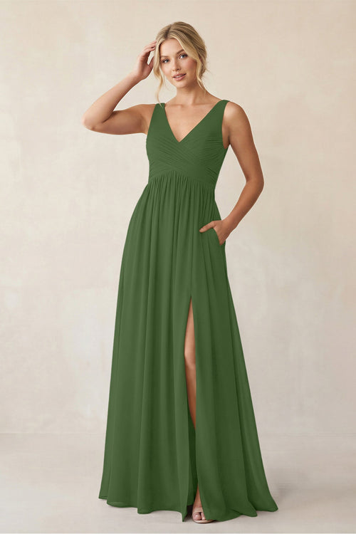 A - Line V - Neck Pleated Chiffon Bridesmaid Dress in Moss - KissProm Bridesmaid Dresses