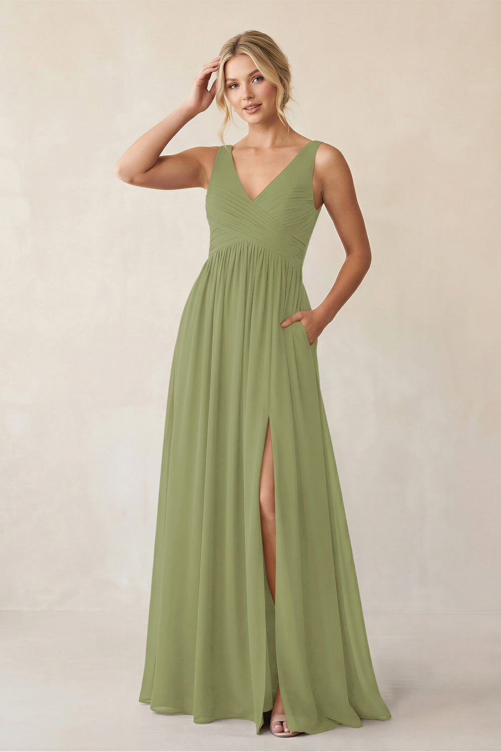 A - Line V - Neck Pleated Chiffon Bridesmaid Dress in Moss Green - KissProm Bridesmaid Dresses