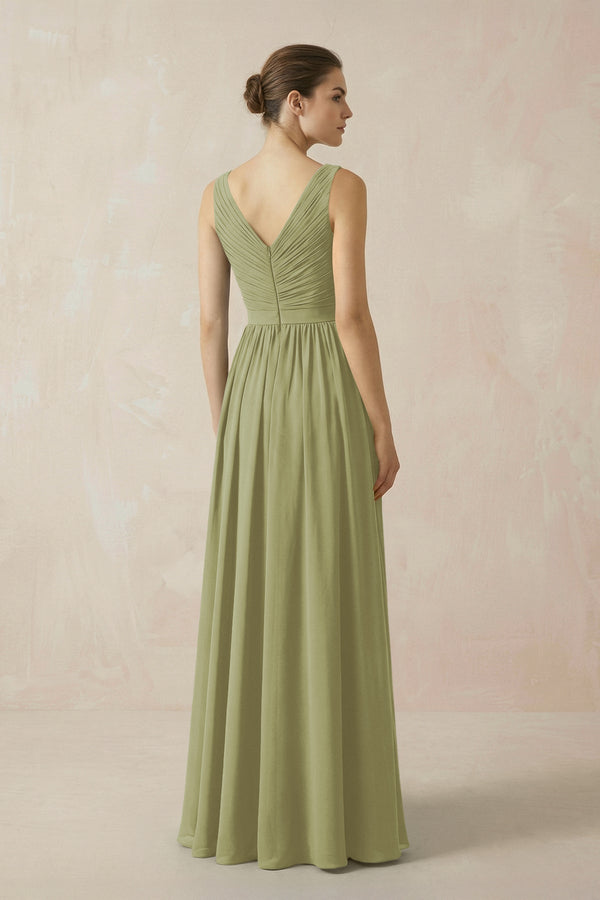 A-Line V-Neck Pleated Chiffon Bridesmaid Dress in Moss Green - KissProm BRIDESMAID DRESSES