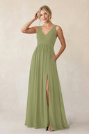 A - Line V - Neck Pleated Chiffon Bridesmaid Dress in Moss Green - KissProm Bridesmaid Dresses