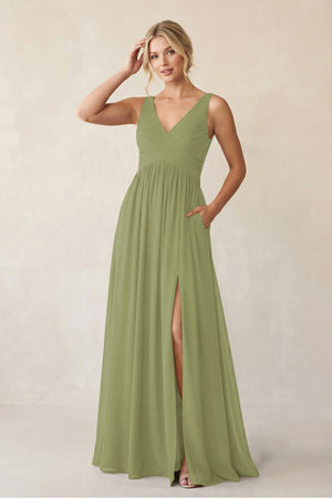A - Line V - Neck Pleated Chiffon Bridesmaid Dress in Moss Green - KissProm Bridesmaid Dresses