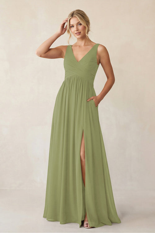 A - Line V - Neck Pleated Chiffon Bridesmaid Dress in Moss Green - KissProm Bridesmaid Dresses