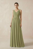 A-Line V-Neck Pleated Chiffon Bridesmaid Dress in Moss Green - KissProm BRIDESMAID DRESSES