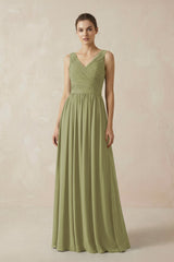 A-Line V-Neck Pleated Chiffon Bridesmaid Dress in Moss Green - KissProm BRIDESMAID DRESSES