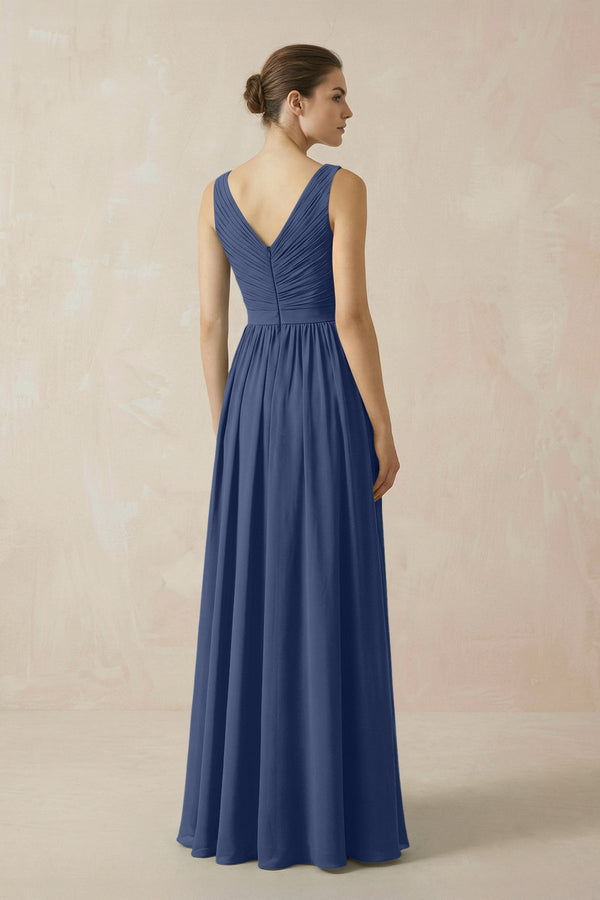 A-Line V-Neck Pleated Chiffon Bridesmaid Dress in Navy - KissProm BRIDESMAID DRESSES