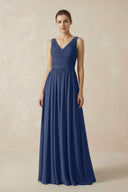 A-Line V-Neck Pleated Chiffon Bridesmaid Dress in Navy - KissProm BRIDESMAID DRESSES
