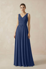 A-Line V-Neck Pleated Chiffon Bridesmaid Dress in Navy - KissProm BRIDESMAID DRESSES
