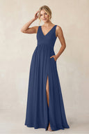 A - Line V - Neck Pleated Chiffon Bridesmaid Dress in Navy - KissProm Bridesmaid Dresses