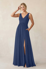 A - Line V - Neck Pleated Chiffon Bridesmaid Dress in Navy - KissProm Bridesmaid Dresses