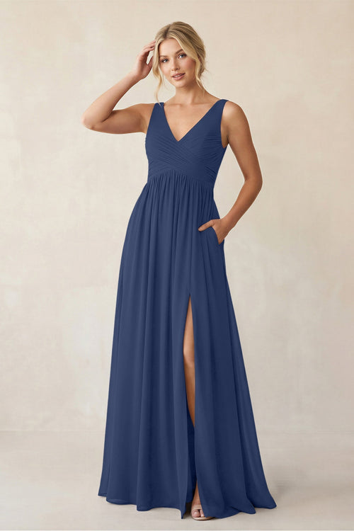 A - Line V - Neck Pleated Chiffon Bridesmaid Dress in Navy - KissProm Bridesmaid Dresses