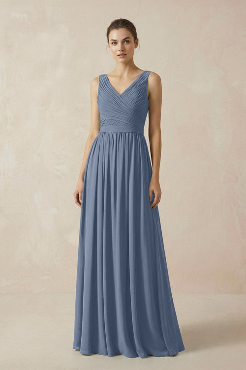 A-Line V-Neck Pleated Chiffon Bridesmaid Dress in Neptune - KissProm BRIDESMAID DRESSES