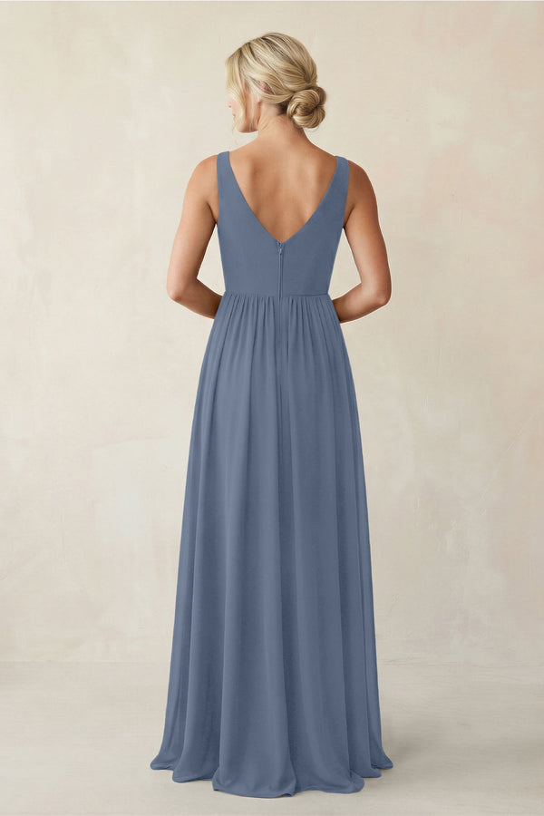 A - Line V - Neck Pleated Chiffon Bridesmaid Dress in Neptune - KissProm Bridesmaid Dresses