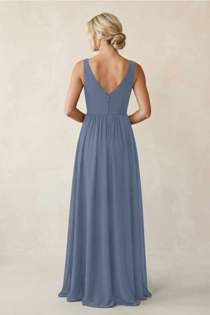 A - Line V - Neck Pleated Chiffon Bridesmaid Dress in Neptune - KissProm Bridesmaid Dresses