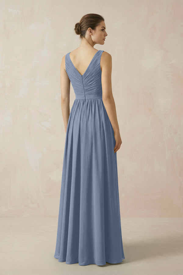A-Line V-Neck Pleated Chiffon Bridesmaid Dress in Neptune - KissProm BRIDESMAID DRESSES