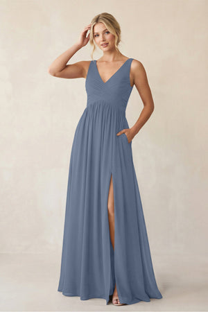 A - Line V - Neck Pleated Chiffon Bridesmaid Dress in Neptune - KissProm Bridesmaid Dresses