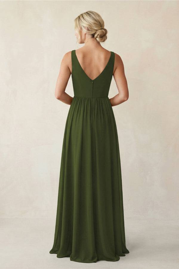 A - Line V - Neck Pleated Chiffon Bridesmaid Dress in Olive - KissProm Bridesmaid Dresses