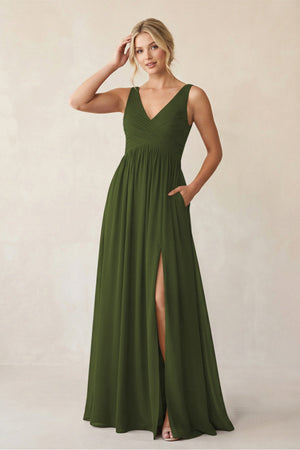 A - Line V - Neck Pleated Chiffon Bridesmaid Dress in Olive - KissProm Bridesmaid Dresses