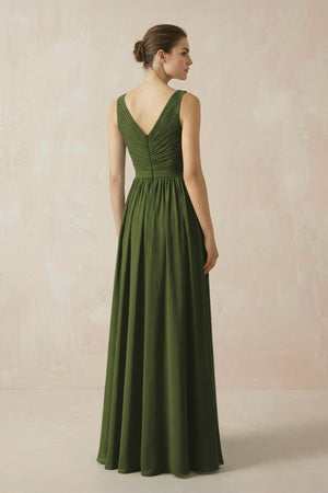 A - Line V - Neck Pleated Chiffon Bridesmaid Dress in Olive - KissProm Bridesmaid Dresses