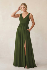A - Line V - Neck Pleated Chiffon Bridesmaid Dress in Olive - KissProm Bridesmaid Dresses