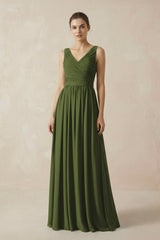 A-Line V-Neck Pleated Chiffon Bridesmaid Dress in Olive - KissProm BRIDESMAID DRESSES
