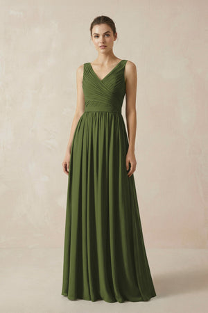 A-Line V-Neck Pleated Chiffon Bridesmaid Dress in Olive - KissProm BRIDESMAID DRESSES