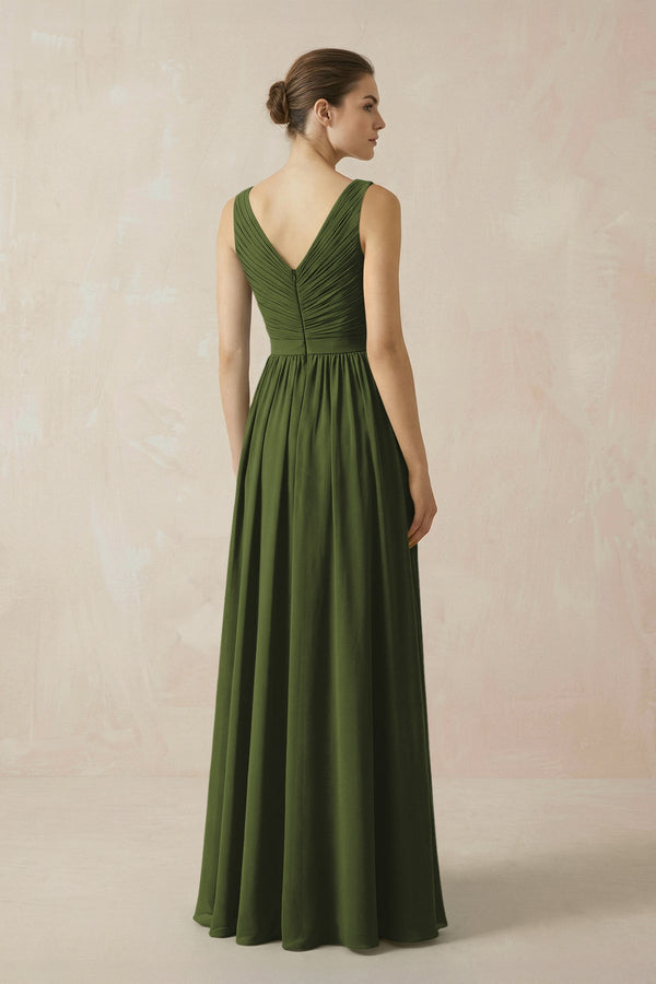 A - Line V - Neck Pleated Chiffon Bridesmaid Dress in Olive - KissProm Bridesmaid Dresses