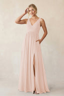 A - Line V - Neck Pleated Chiffon Bridesmaid Dress in Pale Blush - KissProm Bridesmaid Dresses