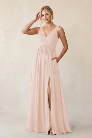 A - Line V - Neck Pleated Chiffon Bridesmaid Dress in Pale Blush - KissProm Bridesmaid Dresses