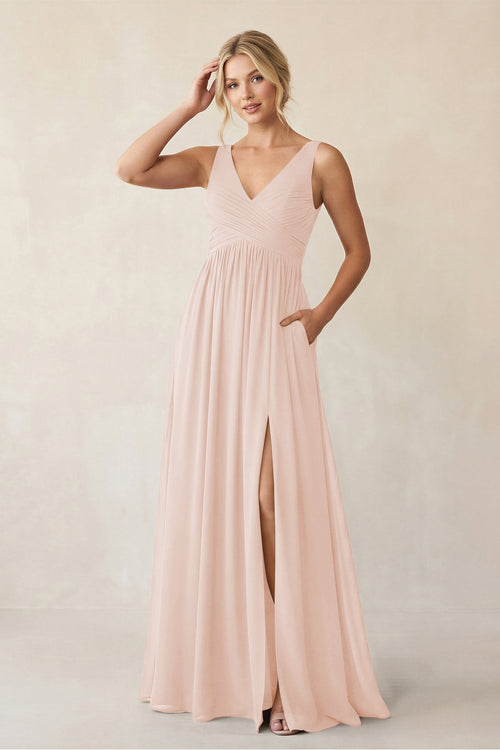 A - Line V - Neck Pleated Chiffon Bridesmaid Dress in Pale Blush - KissProm Bridesmaid Dresses