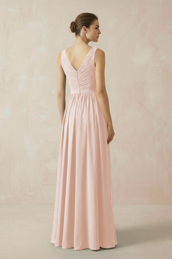 A-Line V-Neck Pleated Chiffon Bridesmaid Dress in Pale Blush - KissProm BRIDESMAID DRESSES