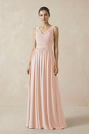 A-Line V-Neck Pleated Chiffon Bridesmaid Dress in Pale Blush - KissProm BRIDESMAID DRESSES