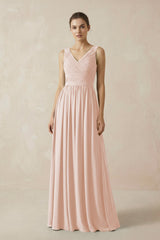 A-Line V-Neck Pleated Chiffon Bridesmaid Dress in Pale Blush - KissProm BRIDESMAID DRESSES