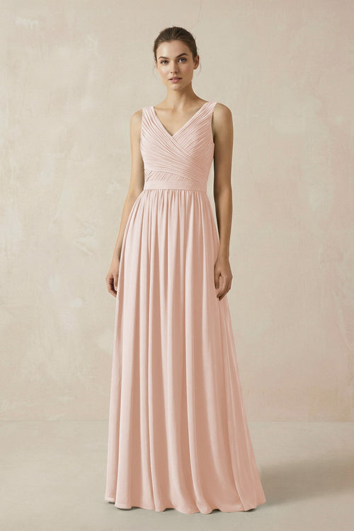 A-Line V-Neck Pleated Chiffon Bridesmaid Dress in Pale Blush - KissProm BRIDESMAID DRESSES