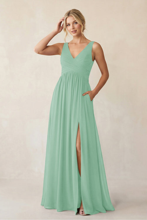 A - Line V - Neck Pleated Chiffon Bridesmaid Dress in Pale Pistachio - KissProm Bridesmaid Dresses